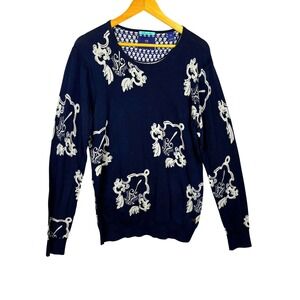 Scotch & Soda High on Chai Women Graphic Crest Knit Sweater Sz L Navy Preppy